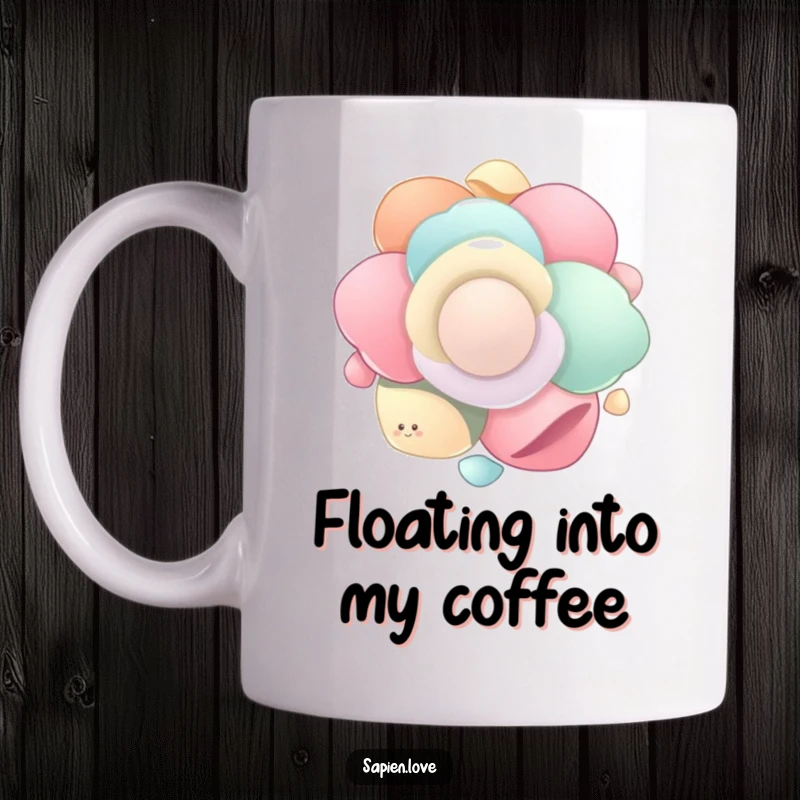 Funny Organic Flow mug showcasing a cluster of smooth, organic shapes gently floating and spinning in unison, creating a peaceful and whimsical scene.