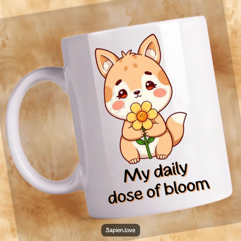 Funny Mug: A kind animal-like character beams while presenting a delicate flower, spreading joy and sweetness.