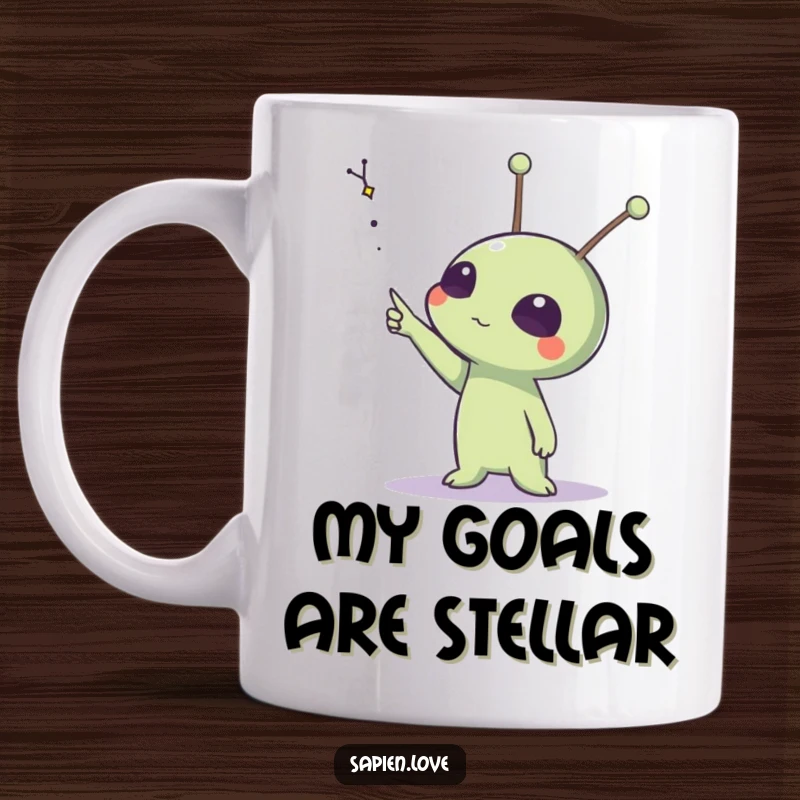 Funny mug featuring an alien creature with animated antennae pointing towards a faraway, sparkling constellation.