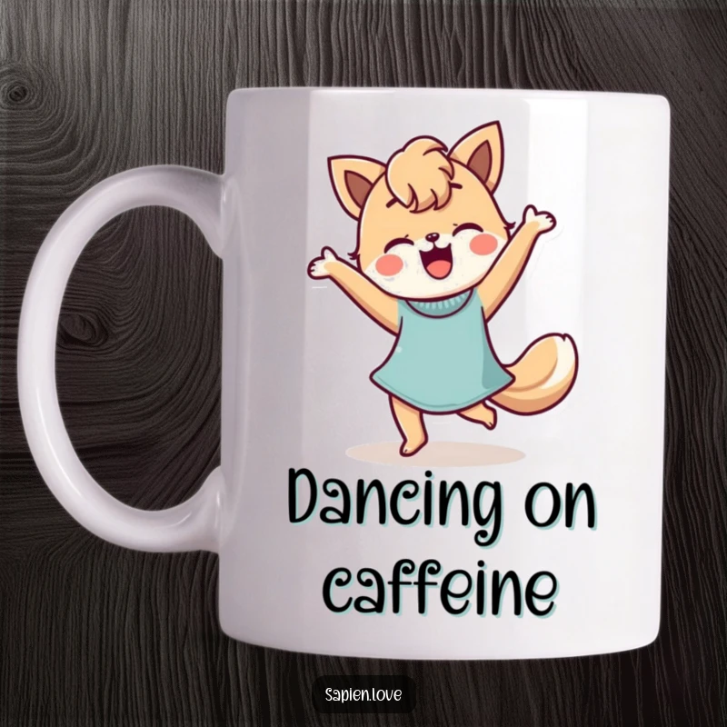 Funny Mug featuring a stylized person with animal features doing a happy dance with infectious energy and style.