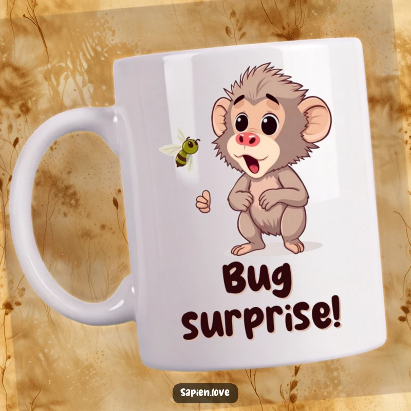 Funny Kawaii Baboon Mug, a surprised baboon reacting with alarm to a buzzing insect, perfect for jumpy personalities.