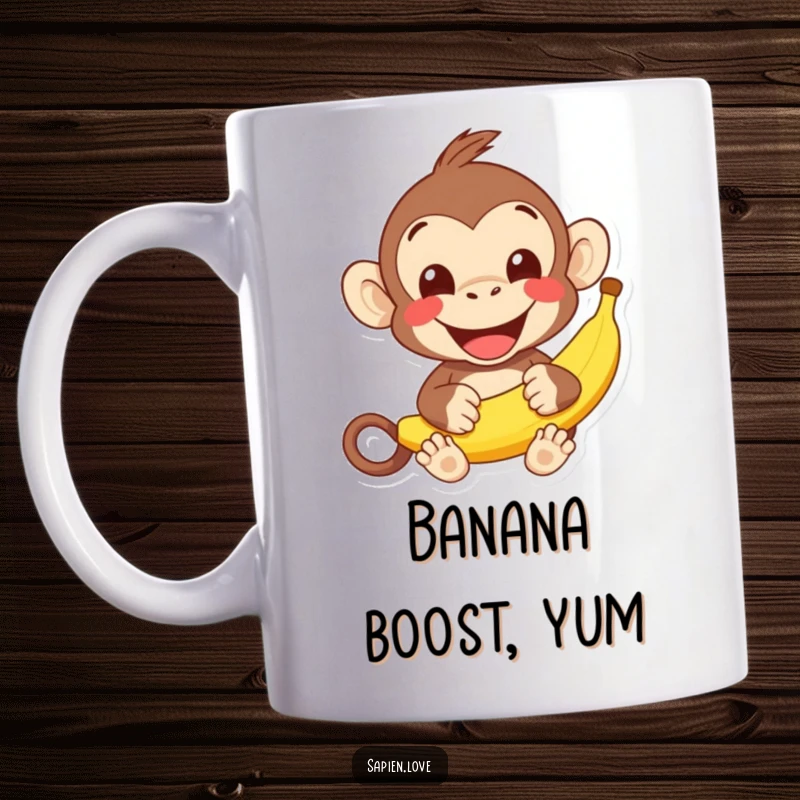 Funny kawaii monkey mug, a cheerful character offering a banana with a wide grin, delightful humorous gift.