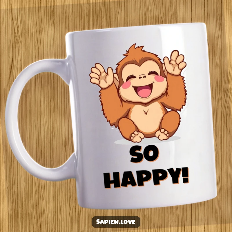 Funny Kawaii Orangutan Mug, a cute orangutan clapping its hands with pure delight and joy, perfect for happiness lovers.