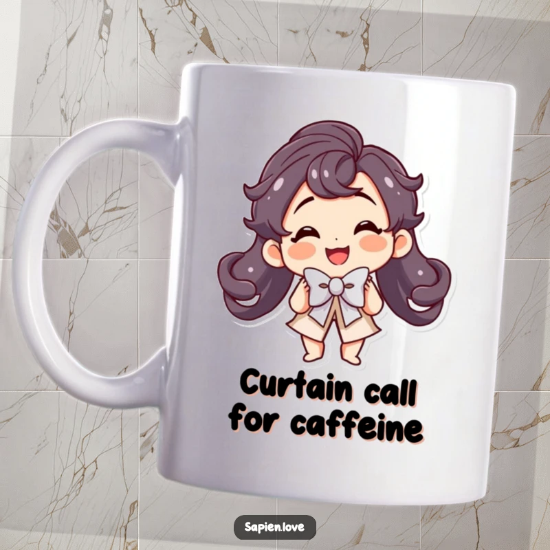 Funny Kawaii Mug: A smiling cute character performs a theatrical bow with a flourish.