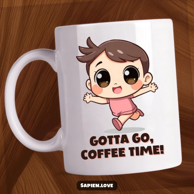 Funny Kawaii Mug: A cute character with big eyes runs excitedly, exuding happiness.