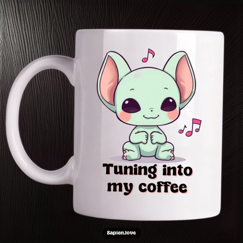 Funny mug featuring a happy alien creature with large ears attentively listening to a floating, cheerful musical note.