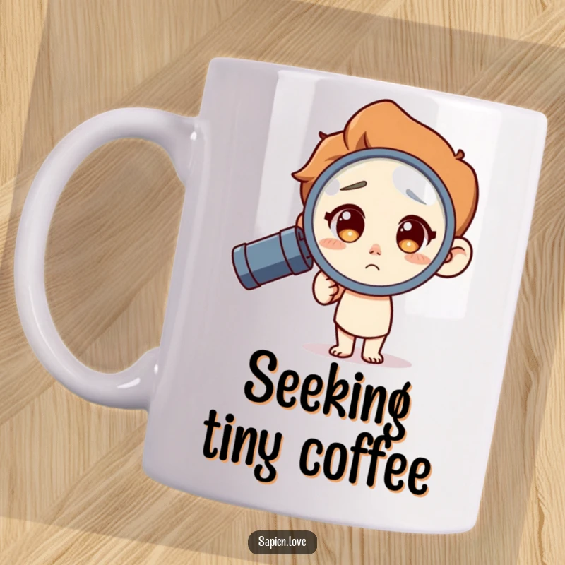 Funny Mug: A human character with a curious expression peers through a magnifying glass, symbolizing the joy of discovery and exploration.