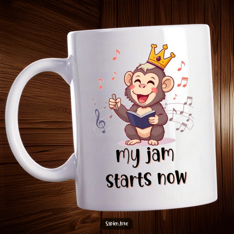 Funny Primate King Conductor Mug: Cheerful primate wearing a crown, joyfully leading an orchestra of musical notes with enthusiasm.