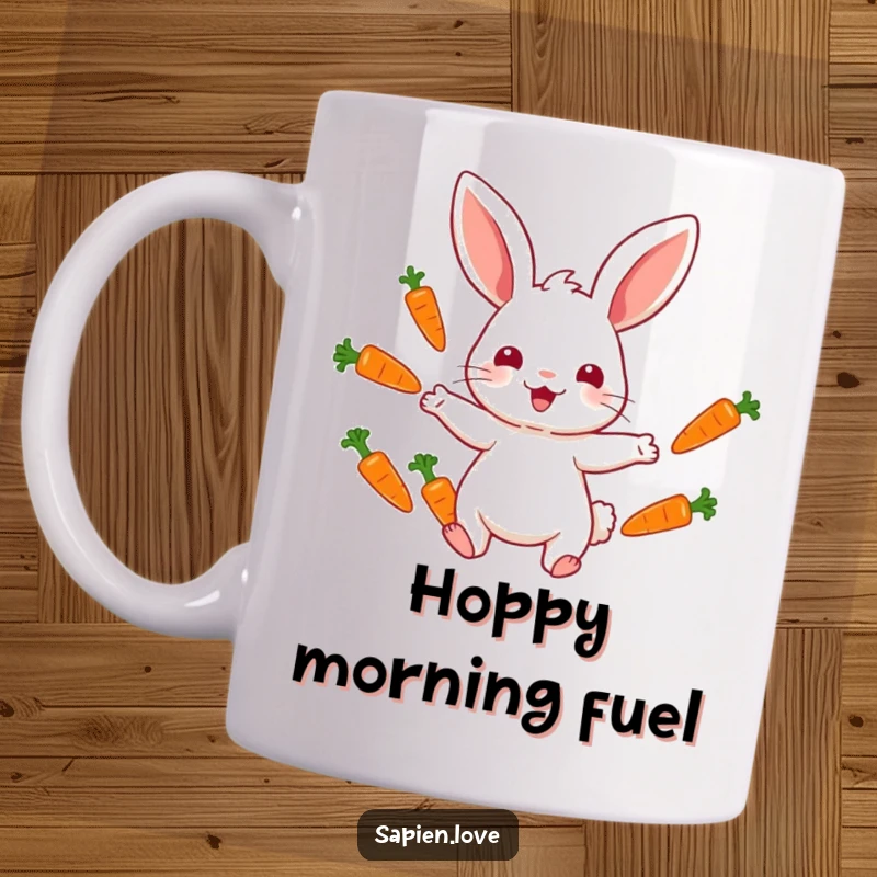Funny mug showing a cheerful rabbit character expertly juggling multiple colorful carrots, demonstrating impressive veggie dexterity.