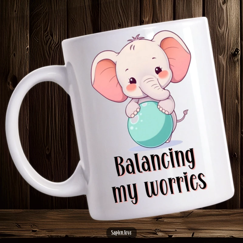 Funny Elephant Mug featuring a smiling elephant character expertly balancing a colorful ball on its trunk.