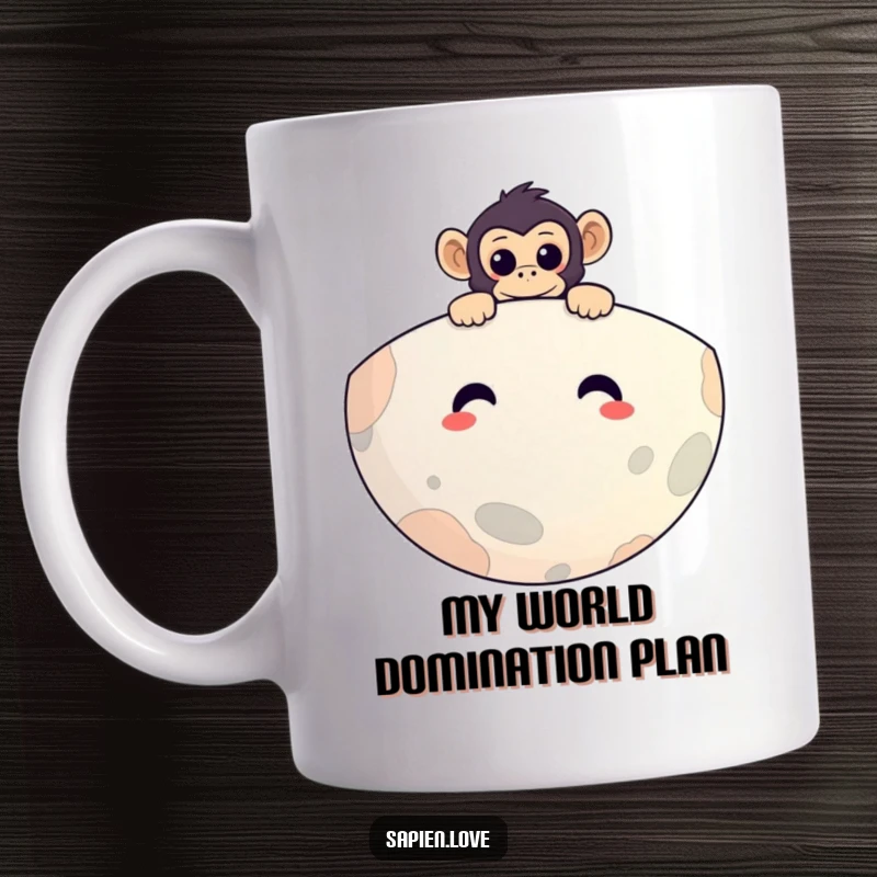 Funny mug featuring a curious monkey peeking over a giant, smiling planet, showcasing cosmic exploration and playful wonder.