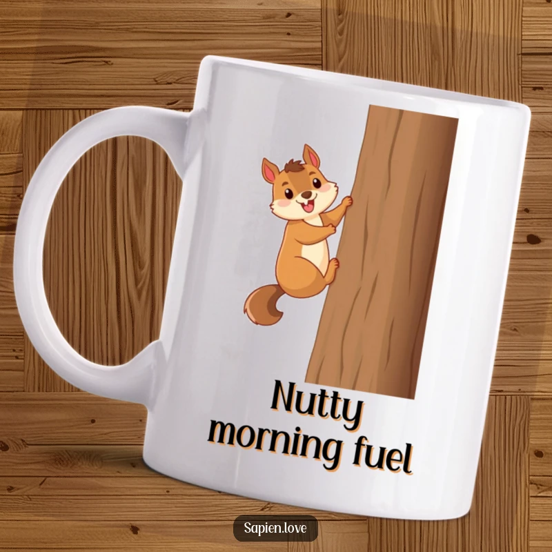 Funny smiling squirrel character excitedly climbs a tall tree, a humorous illustration for a mug.