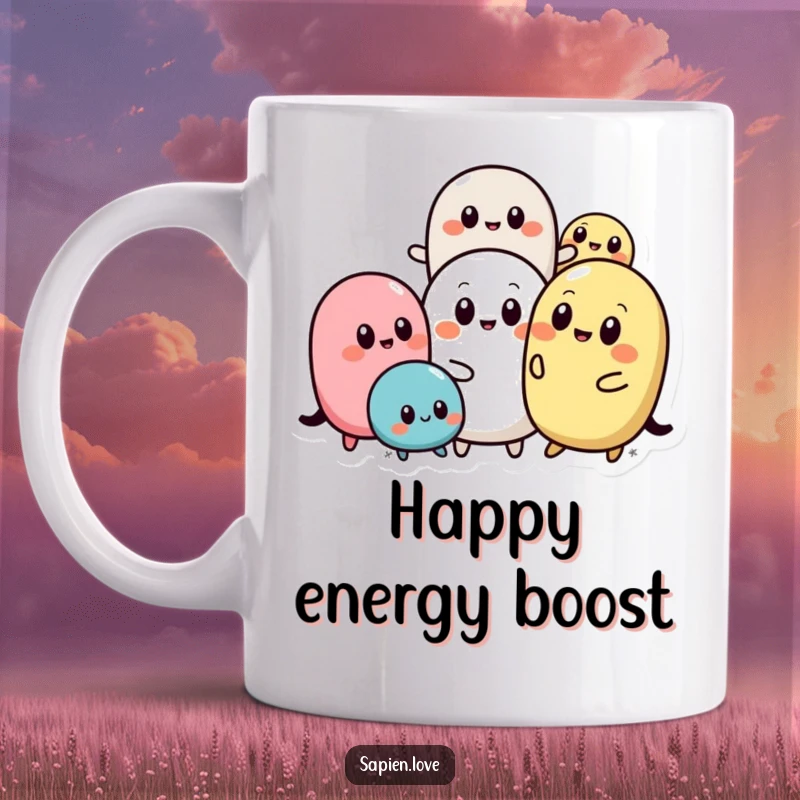 Funny Abstract Pals mug showing a group of rounded, abstract shapes with simple eyes, interacting playfully and joyfully, creating a whimsical scene.