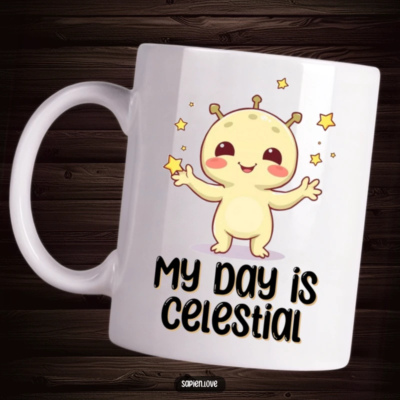 Funny mug featuring a cheerful alien creature expertly juggling small, glowing stars with a wide, happy grin.