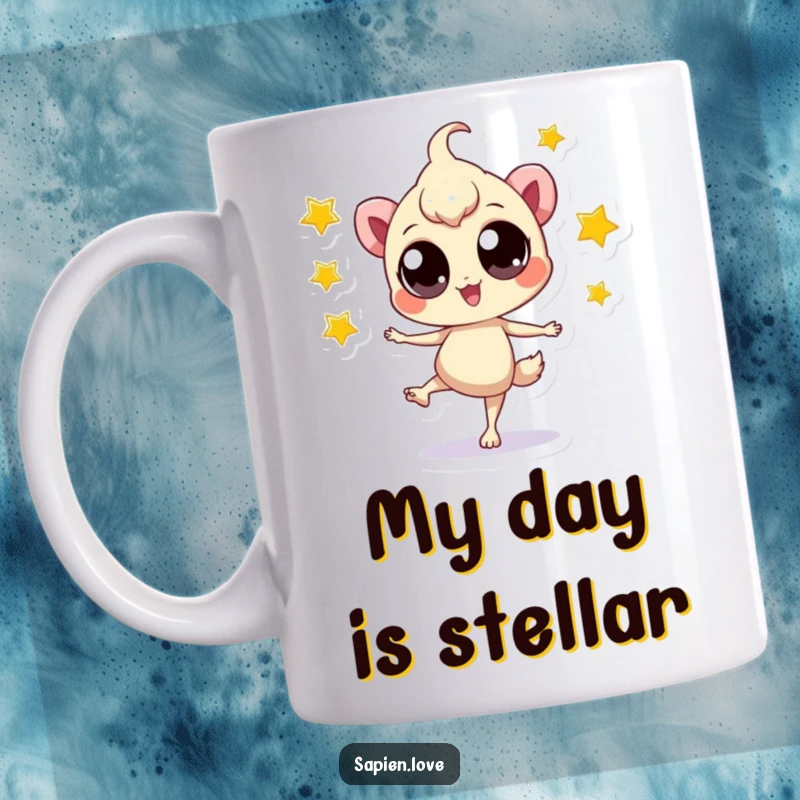 Funny Star Juggler Creature Mug: A big-eyed, bipedal creature balances playfully while juggling glowing stars with delight.