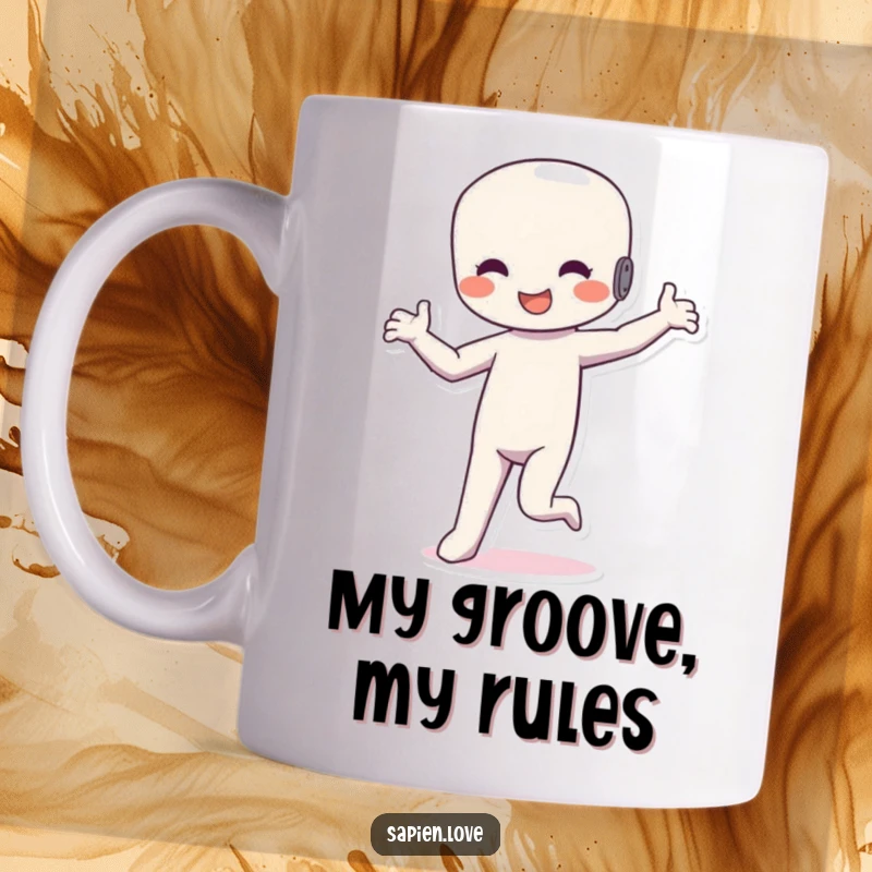 Funny Dancing Figure Mug: A happy humanoid bends and sways rhythmically, doing a silly dance with infectious joy.