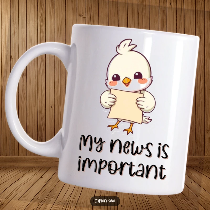 Funny bird character holding a detailed scroll, looking wise and slightly mischievous, perfect for a funny mug.