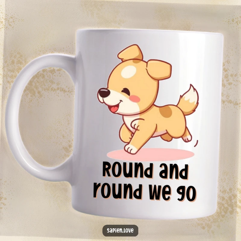 Funny Dog Mug featuring a playful dog character joyfully spinning in circles while chasing its tail.