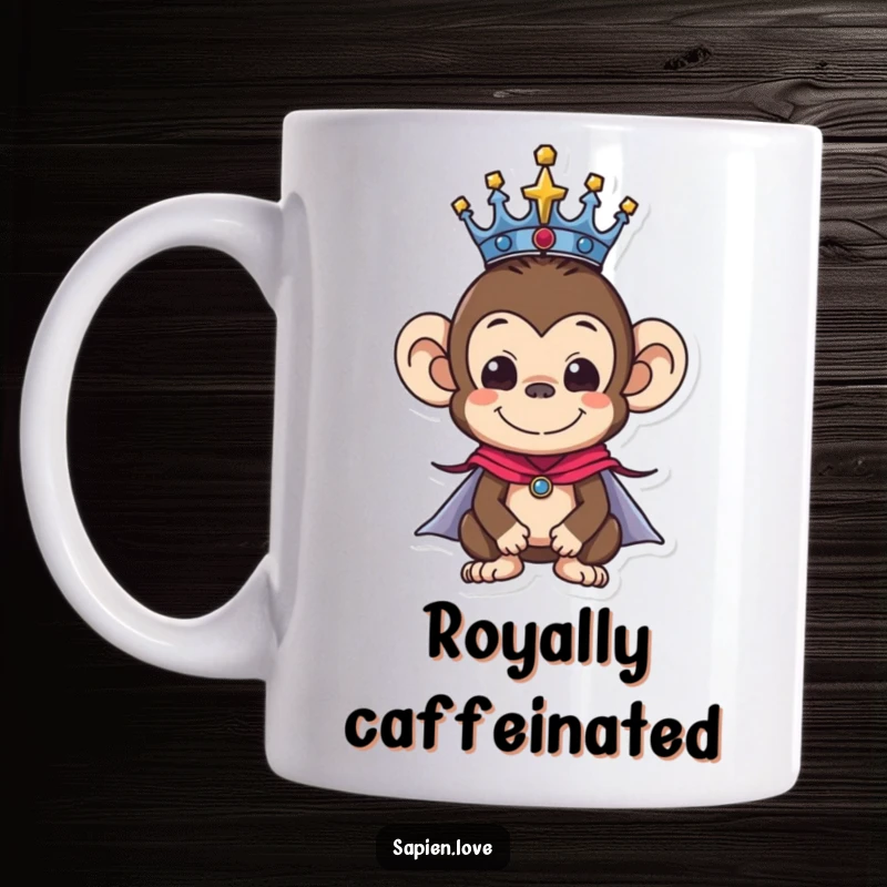 Funny mug showcasing a monkey character wearing a golden crown and a flowing cape, exuding regal yet amusing authority.