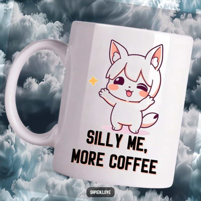 Funny mug of a playful character with animal ears performing a silly, amusing action. A great funny gift.
