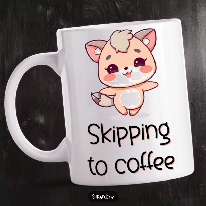Funny mug of a joyful character with cute animal traits skipping happily. A delightful funny gift.