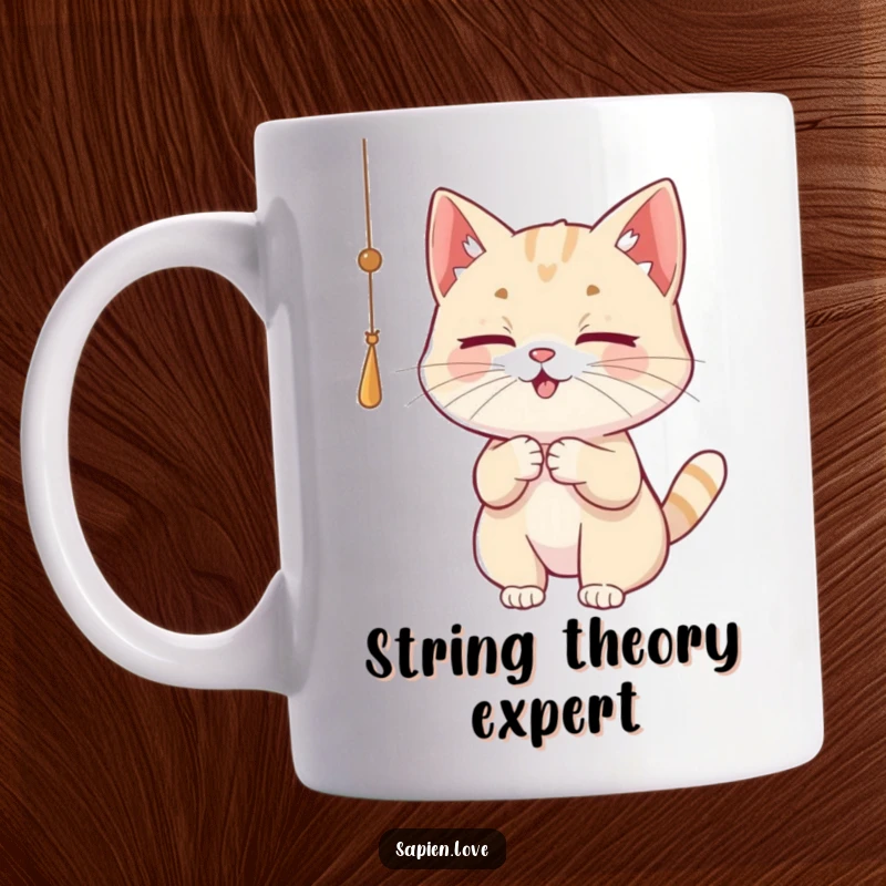 Funny Cat Mug depicting a playful cat character eagerly batting at a dangling string with its paws.