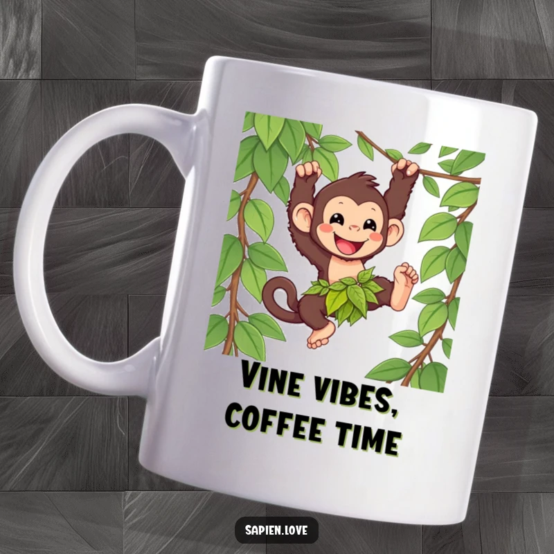 Funny kawaii primate mug, a happy character in a loincloth swinging from a vine, jungle-themed humorous gift.