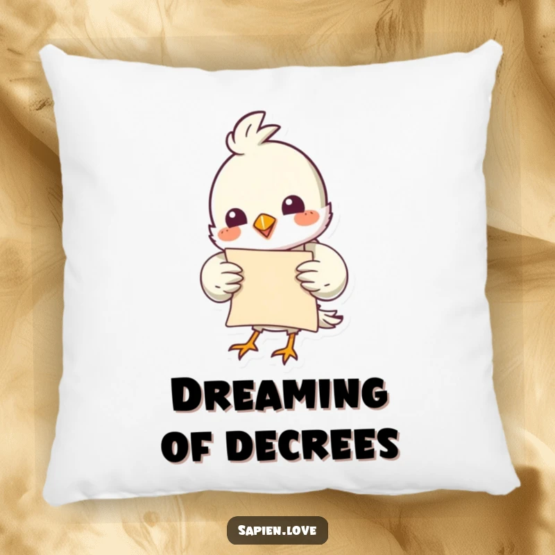 Funny bird character holding a small scroll, designed to be a soft and cuddly decorative pillow.