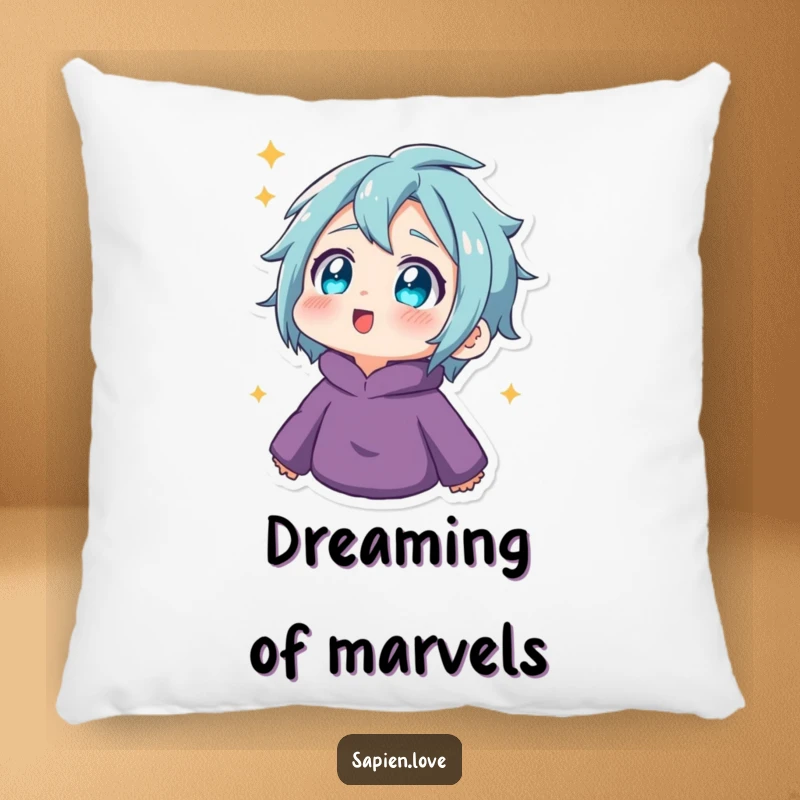 Funny Pillow: A human character with twinkling eyes looks upwards in amazement, adding a touch of wonder and charm to any space.