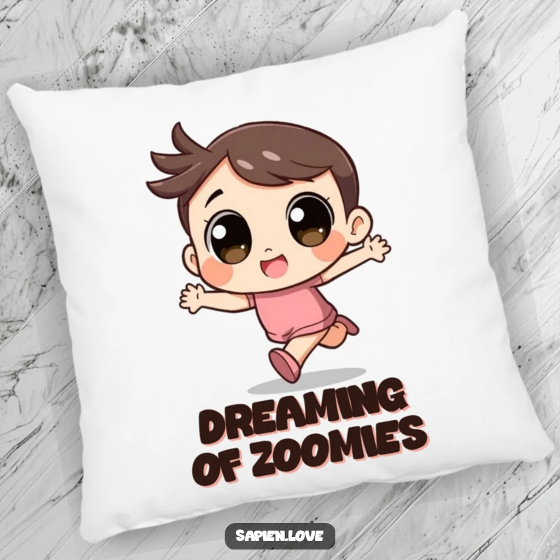 Funny Kawaii Pillow: A cute character with large eyes runs with excitement, perfect for decor.