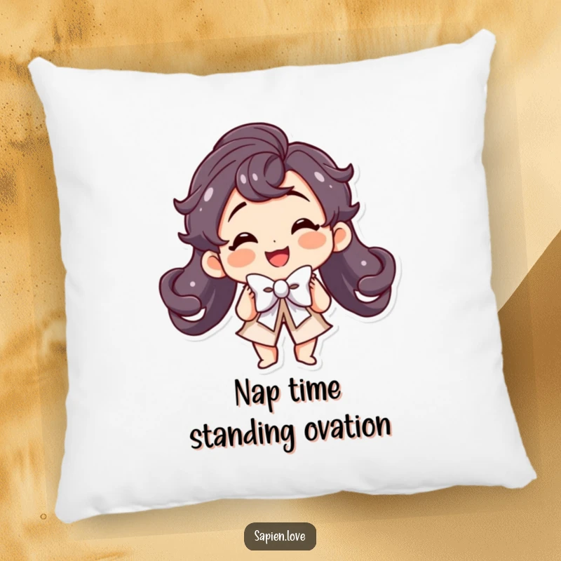 Funny Kawaii Pillow: A smiling cute character performs a theatrical bow with flair.