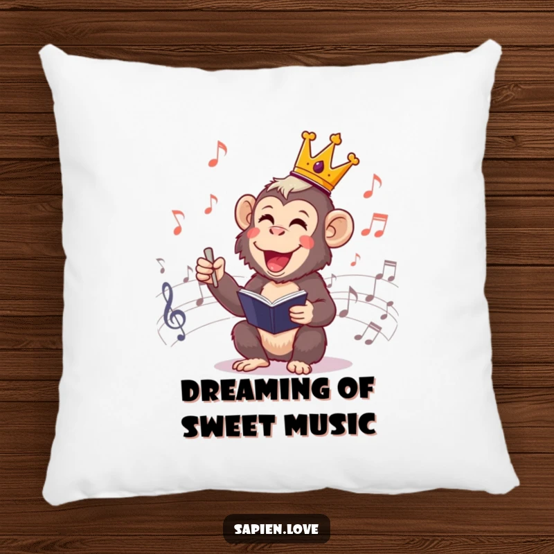 Funny Primate Conductor Pillow: A soft pillow featuring a cheerful primate king conducting musical notes, ideal for cozy relaxation.