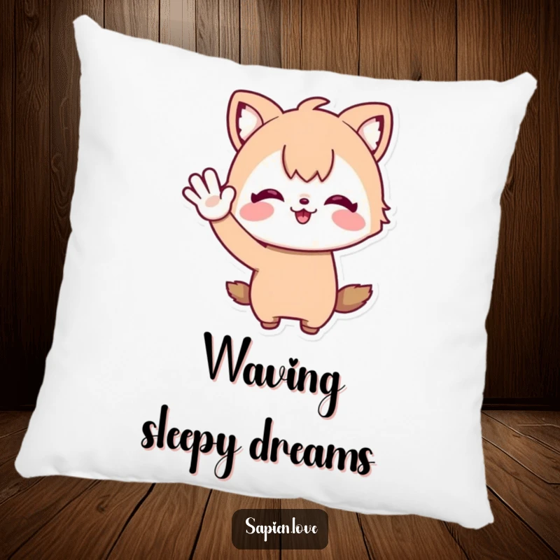 Funny Pillow: A plush cushion showcasing a whimsical character with animal ears waving enthusiastically, bringing comfort and cheer.