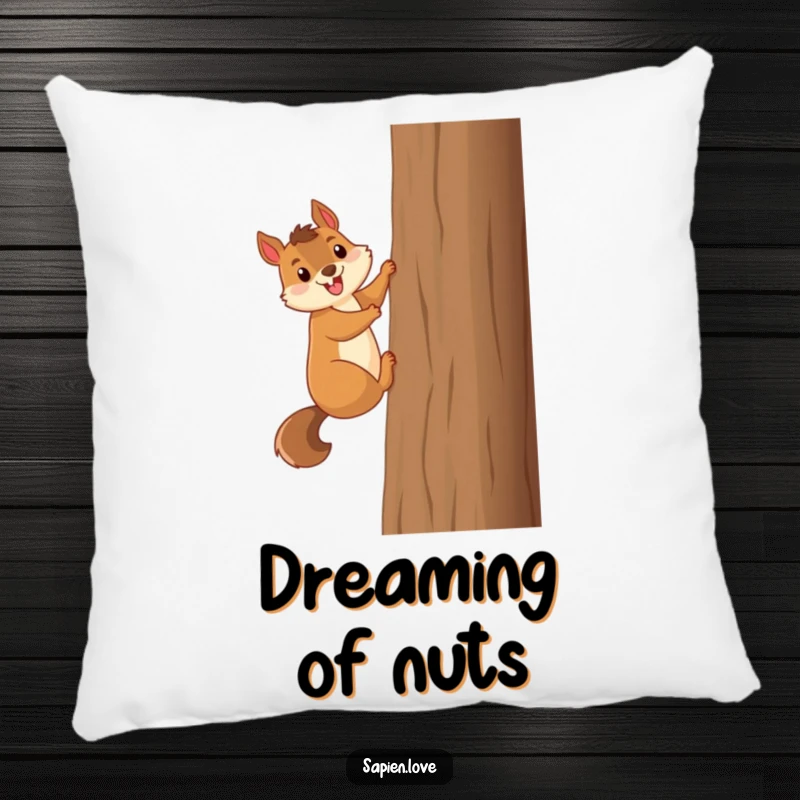 Funny smiling squirrel excitedly climbs a tall tree, a soft and humorous pillow for comfort.