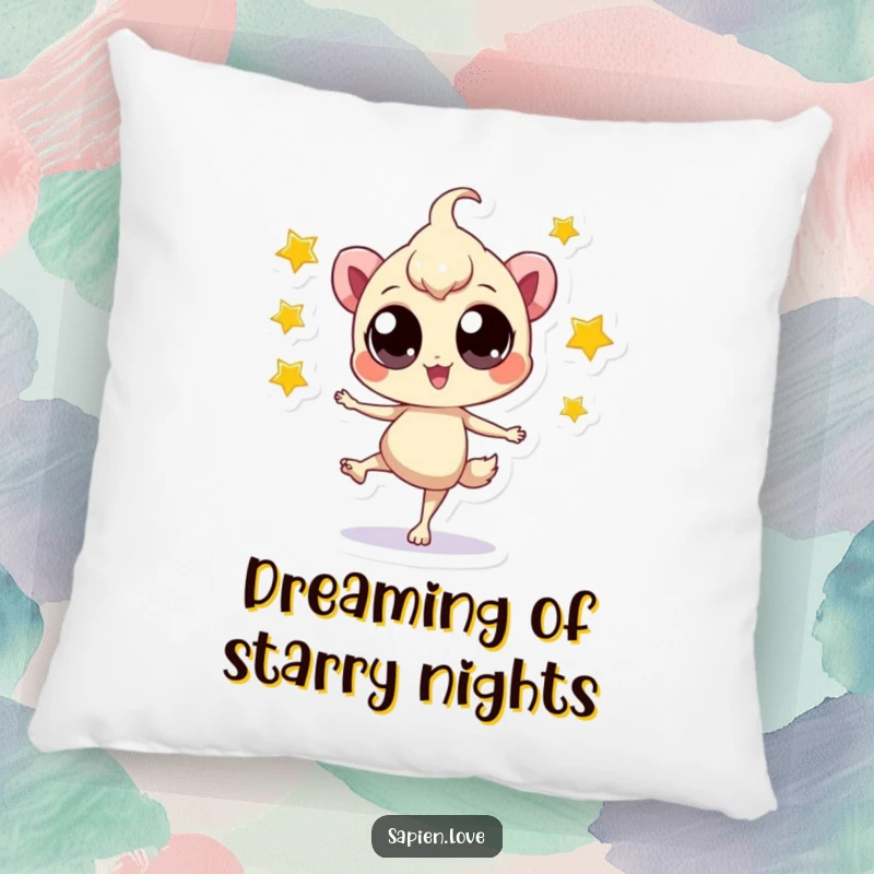 Funny Star Juggler Pillow: A soft pillow featuring a big-eyed creature juggling stars, providing comfort and a touch of playful magic.