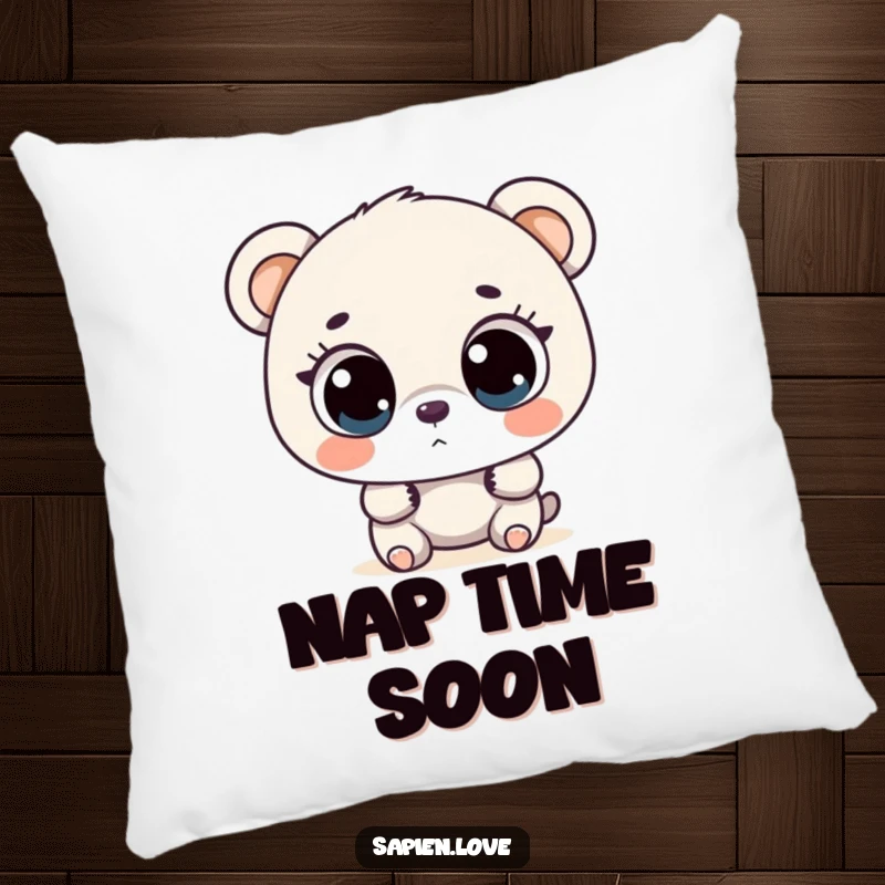 Funny bipedal bear with large, curious eyes exploring, a soft and humorous pillow for comfort.