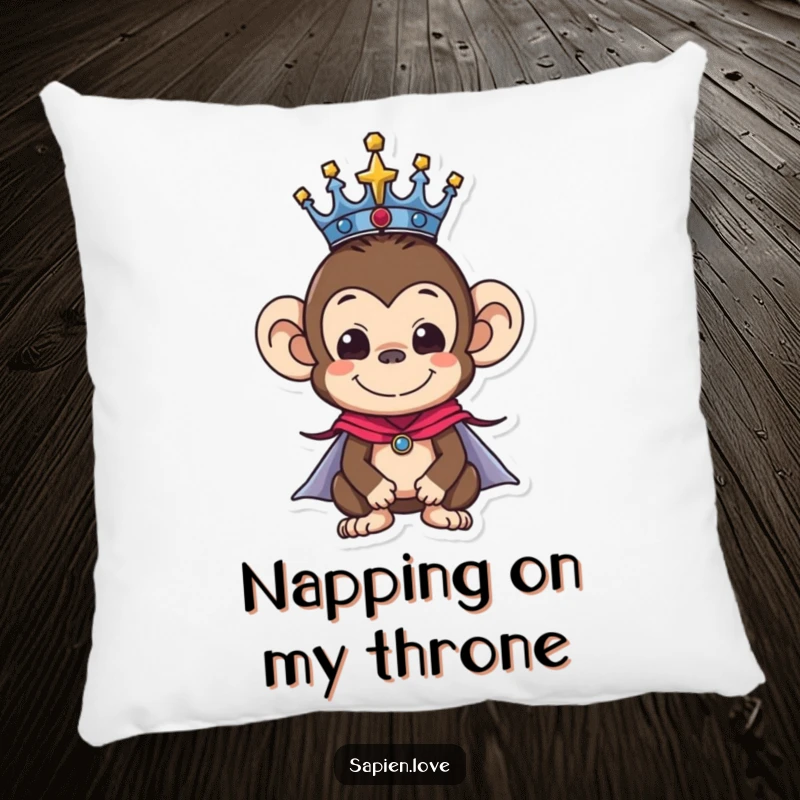 Funny pillow with a monkey character in a royal crown and cape, offering plush comfort and a touch of amusing majesty.