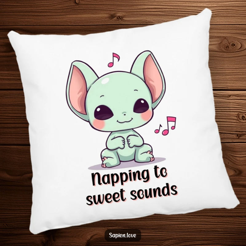 Funny pillow featuring an alien creature with big ears happily listening to a musical note, perfect accent for music rooms.
