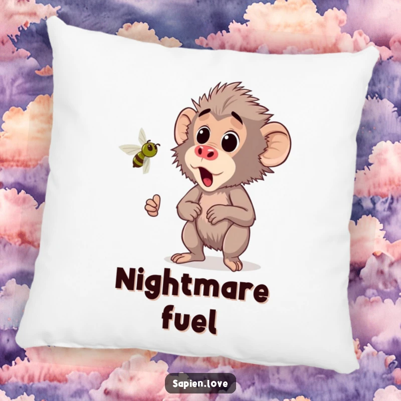 Funny Kawaii Baboon Pillow, a cute baboon startled by a buzzing insect, soft and humorous decor.
