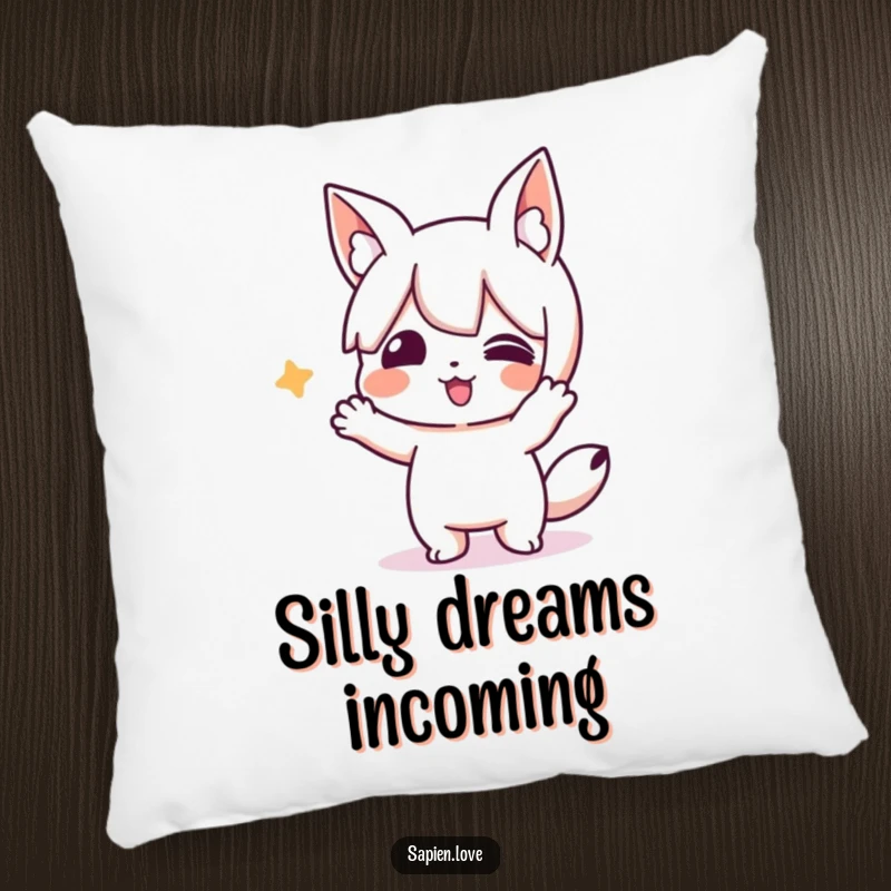Funny pillow with a playful character with animal ears doing a silly, amusing action. An excellent funny gift.