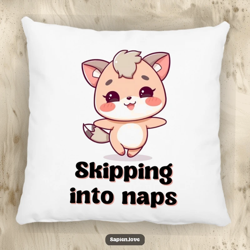 Funny pillow with a joyful character with animal features skipping happily. An excellent funny gift.