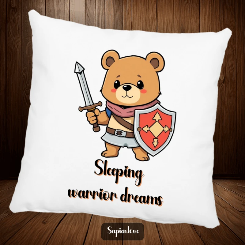 Funny pillow with a bear character wielding a sword and shield, offering plush comfort and a touch of amusing bravery.