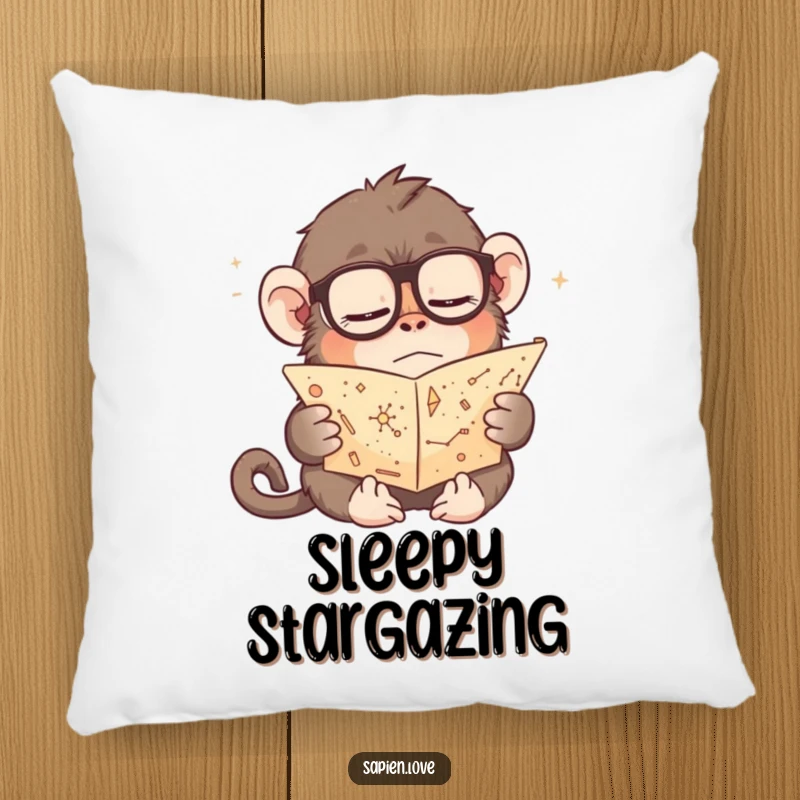 Funny decorative pillow featuring a drowsy primate wearing glasses, holding a small scroll of constellations, ideal for adding comfort and humor to a reading nook.