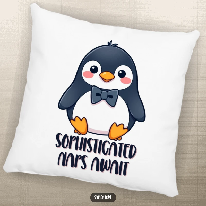 Funny Penguin Pillow with a cute penguin sporting a miniature bowtie, perfect for adding a humorous touch to any sofa or bed.