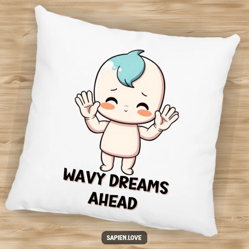 Funny pillow featuring a plump stick figure in a posture of exaggerated, joyful waving, adding a whimsical and comfortable touch to any seating area.