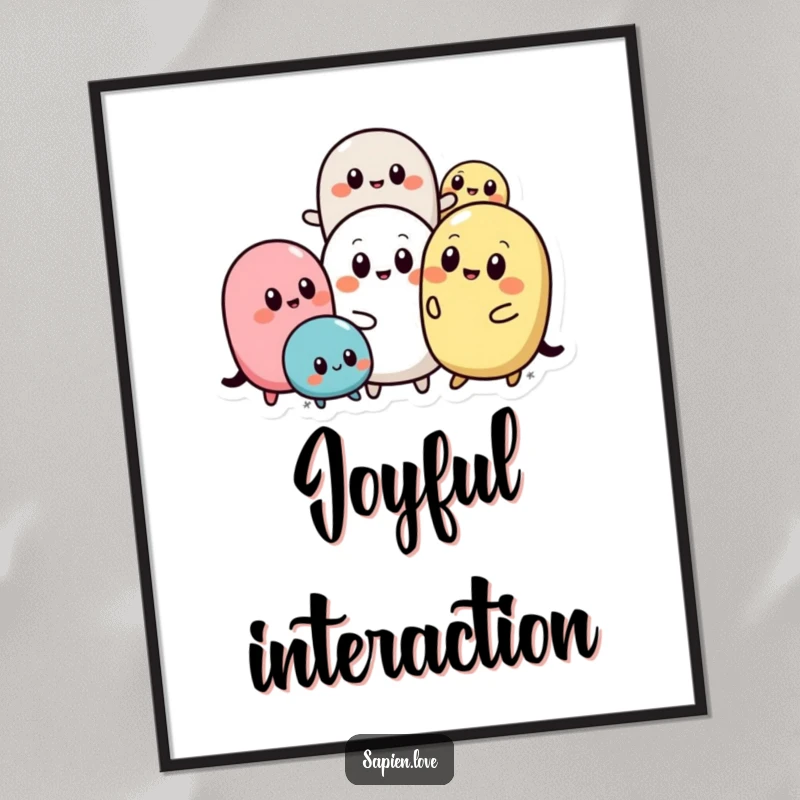 Funny Abstract Pals digital art print of rounded abstract shapes with simple eyes interacting playfully, offering instant humor and artistic cheer.