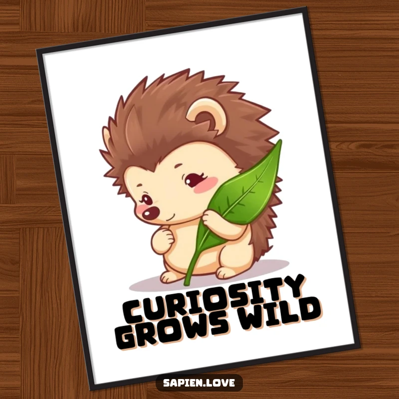 Funny Curious Hedgehog Digital Art Print showing a hedgehog examining a leaf, perfect for instant nature-themed decor.