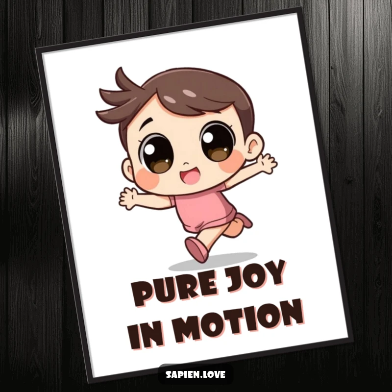 Funny Kawaii Digital Art Print: A cute character with big eyes runs with excitement, vibrant.