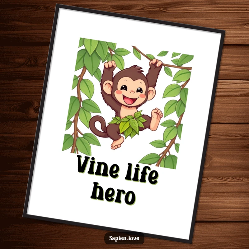 Funny kawaii primate digital art, a happy character swinging from a vine, printable jungle-themed humorous artwork.