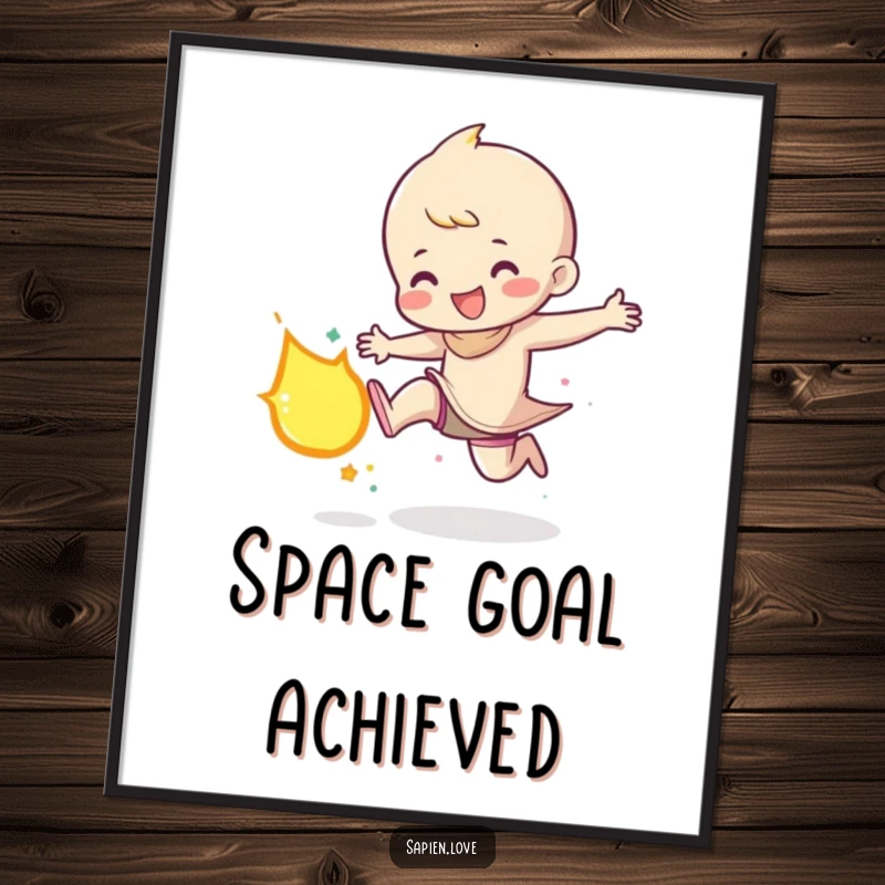 Funny digital art print of a character joyfully kicking a small, glowing meteor, ready to be printed and add a dynamic, humorous focal point to any room.